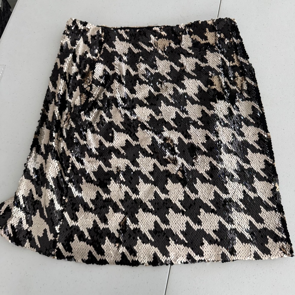 Houndstooth Sequin Mini Skirt Women XXS Cache Black Gold Party Maximalist EUC